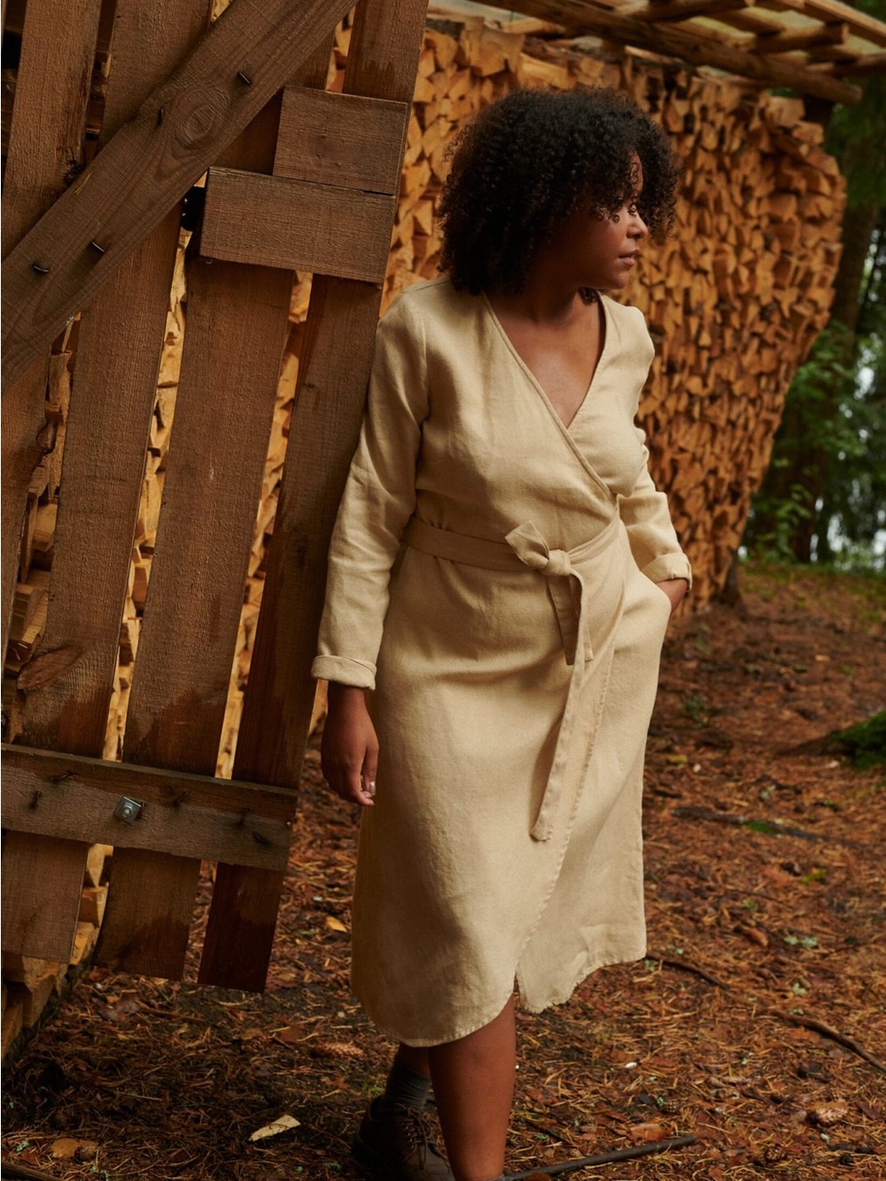 Wrap Linen-Blend Dress in Brown